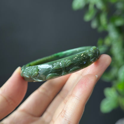 Lotus Carving Natural Nephrite Jade VIP Bangle Leaf Style Size 55 mm