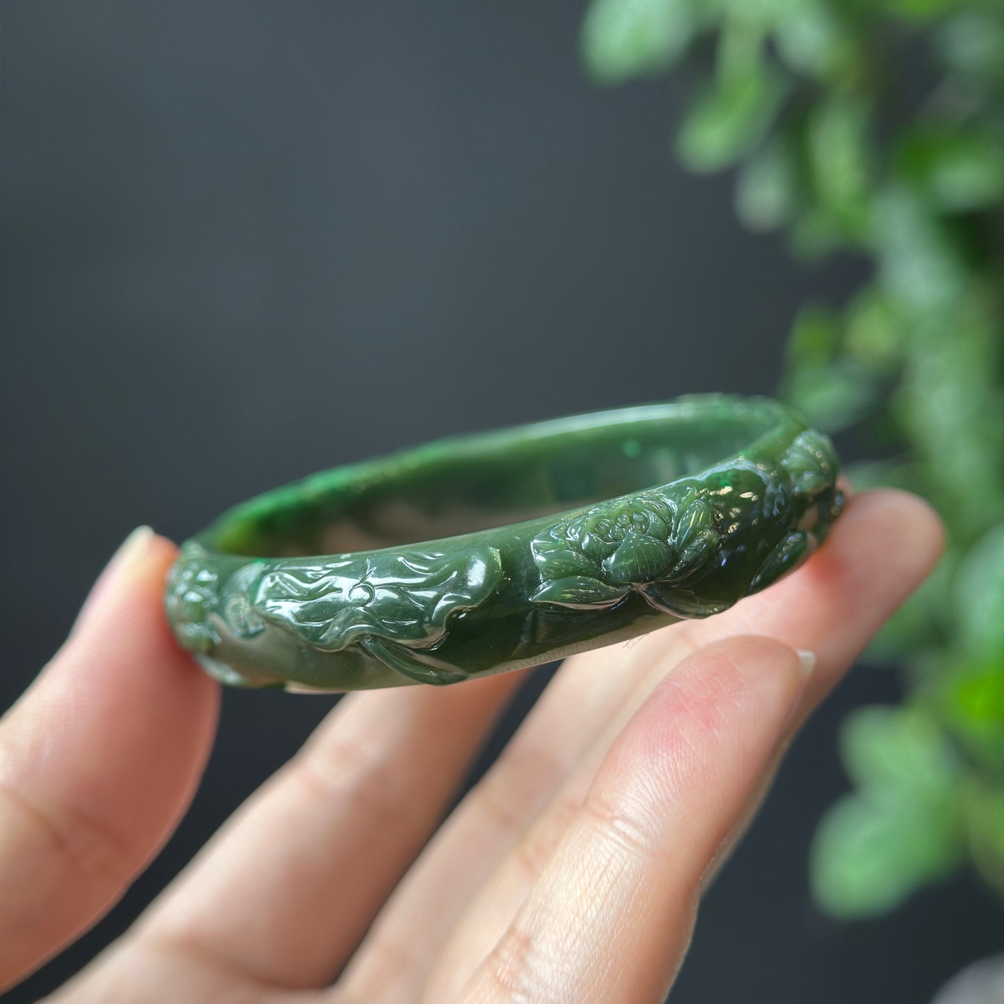 Lotus Carving Natural Nephrite Jade VIP Bangle Leaf Style Size 55 mm