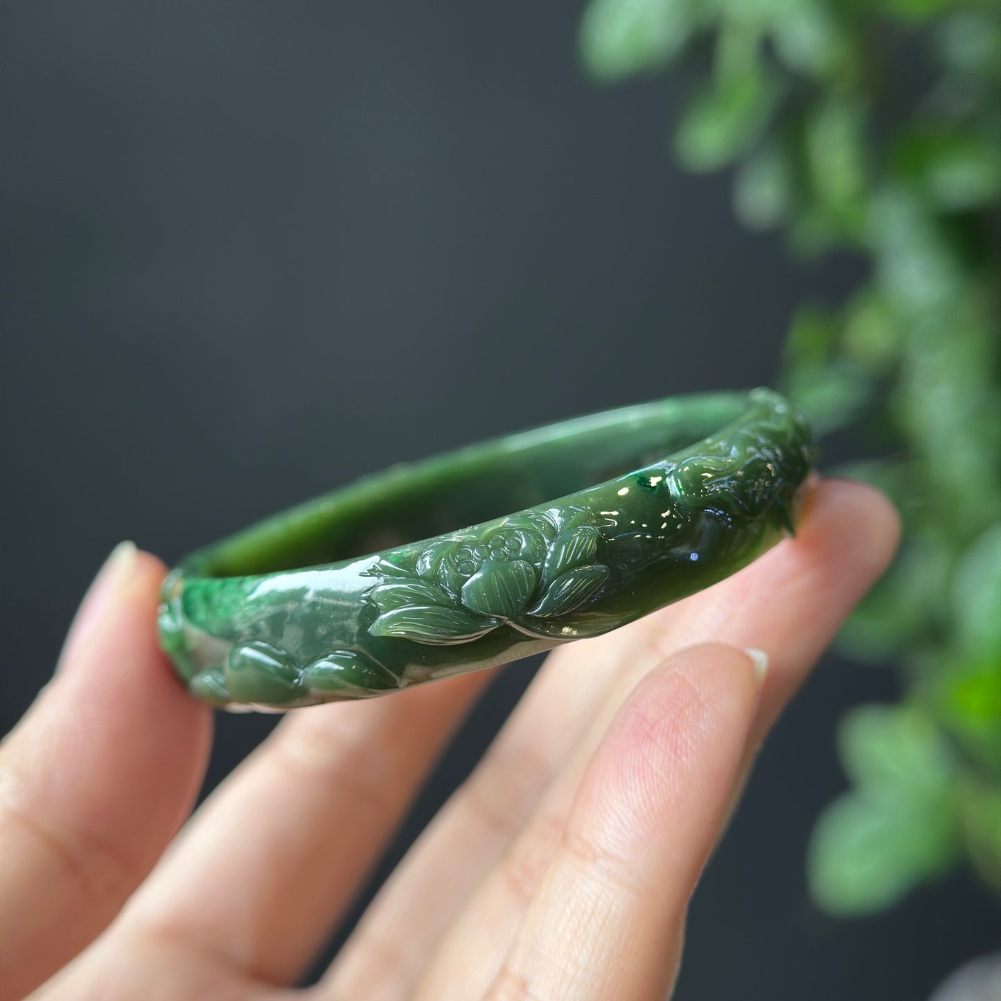 Lotus Carving Natural Nephrite Jade VIP Bangle Leaf Style Size 55 mm