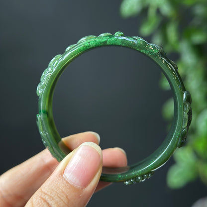 Lotus Carving Natural Nephrite Jade VIP Bangle Leaf Style Size 55 mm