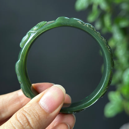 Lotus Carving Natural Nephrite Jade VIP Bangle Leaf Style Size 55 mm