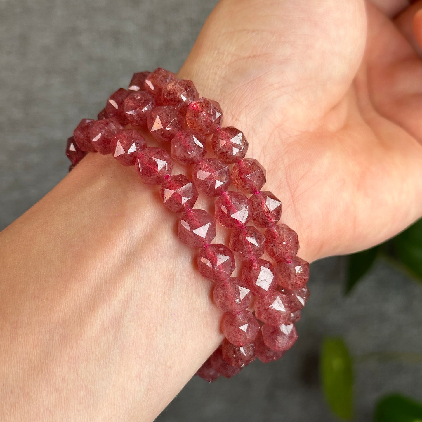 Natural Pink Strawberry Quartz Diamond Faceted Bracelet Size 9 mm
