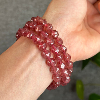 Natural Pink Strawberry Quartz Diamond Faceted Bracelet Size 9 mm