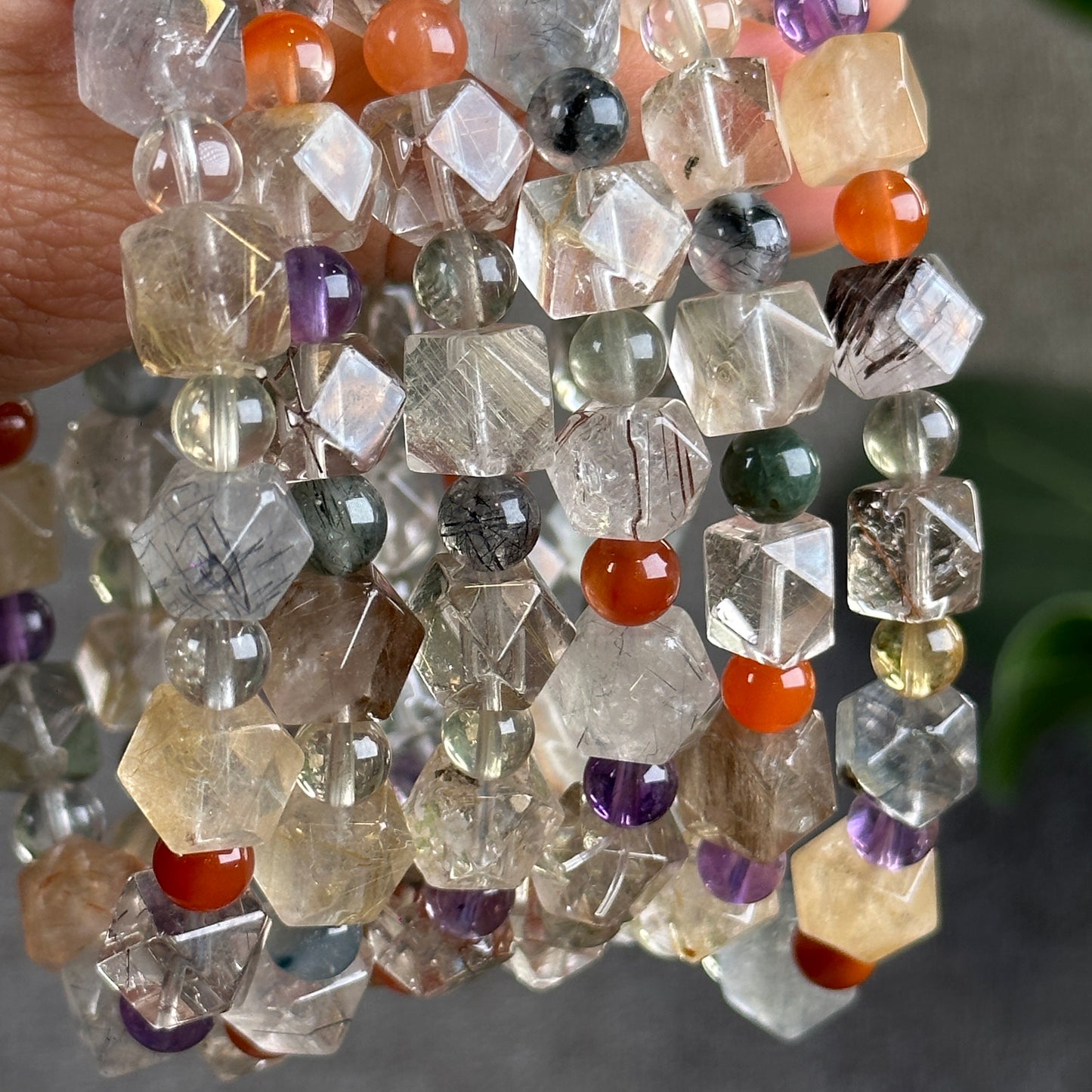 Mixed Natural Quartz Octahedron Faceted Bracelet Size 8.5 mm