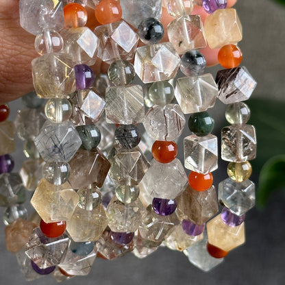 Mixed Natural Quartz Octahedron Faceted Bracelet Size 8.5 mm