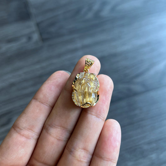 Pixiu Golden Rutilated Quartz Pendant in Yellow Gold Setting