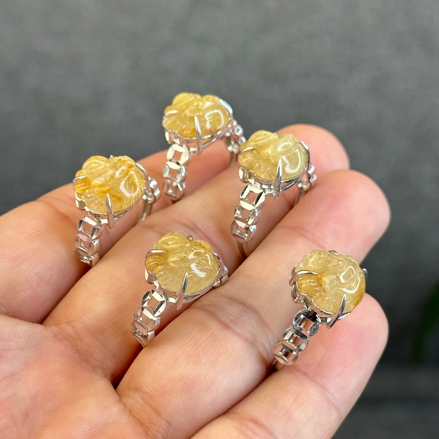 Natural Golden Rutilated Quartz Ho Ly Ring in Silver White Gold Plated Setting Size 1.6