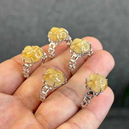 Natural Golden Rutilated Quartz Ho Ly Ring in Silver White Gold Plated Setting Size 1.6