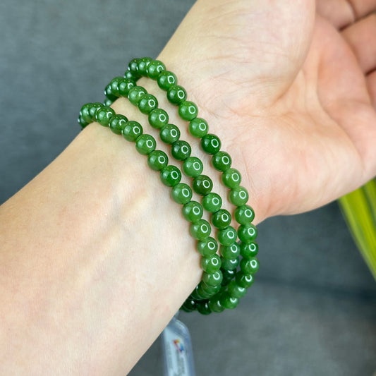 Natural Nephrite Jade High Quality Triple Wrap (108 Bead) Bracelet Size 6 mm