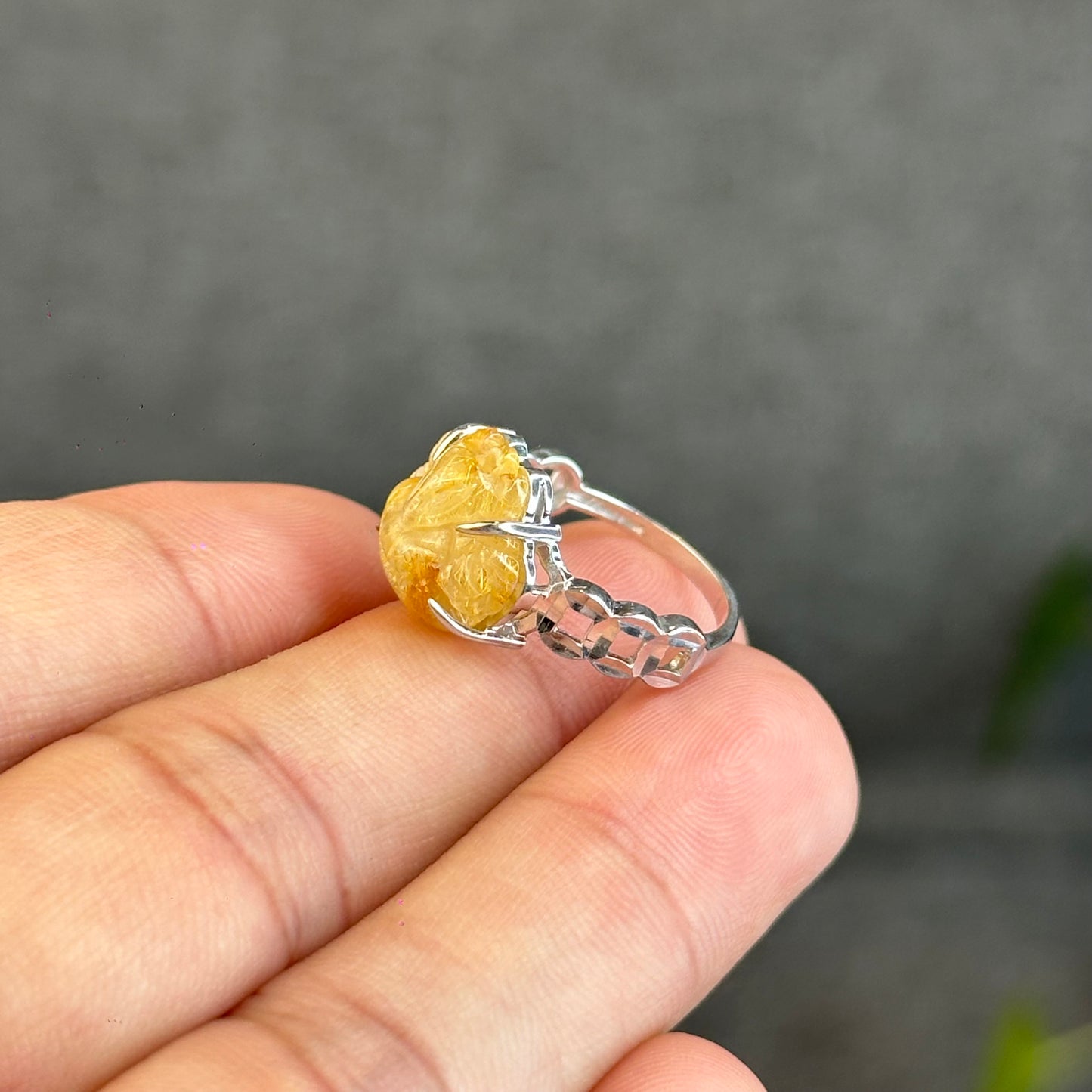 Natural Golden Rutilated Quartz Ho Ly Ring in Silver White Gold Plated Setting Size 1.6