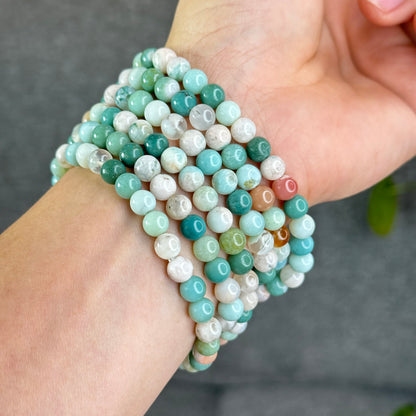 Natural Green Floral Agate Triple Wrap Bracelet Size 6.7 mm