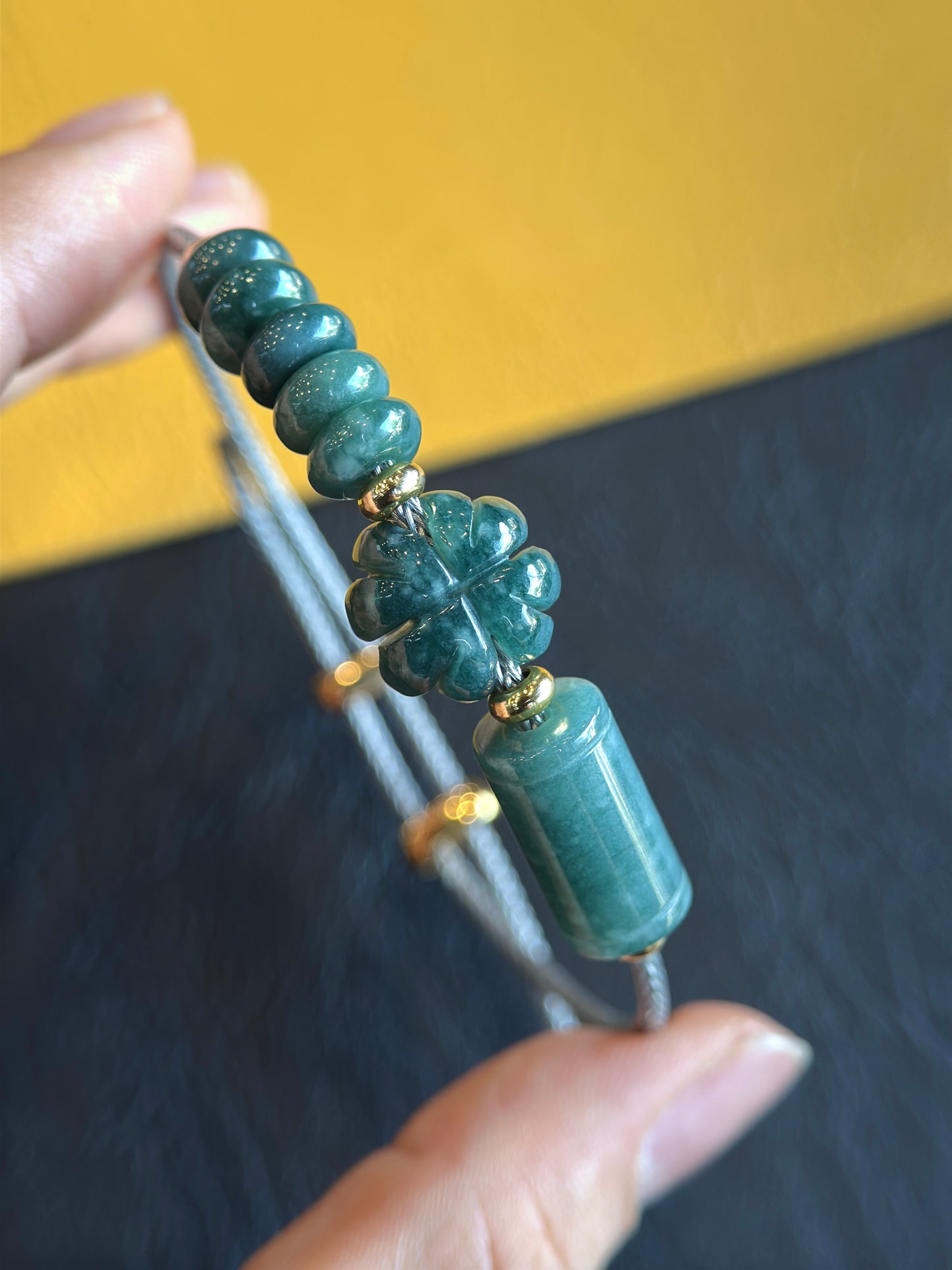 Lu Thong Mix 4 Leaf Clover and Prosperity Donut Natural Blue Jadeite Jade Bracelet