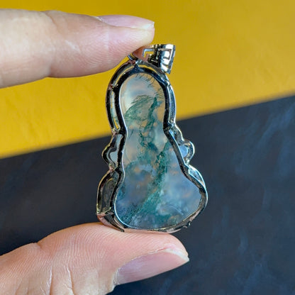 Quan The Am Buddha Natural Moss Agate Pendant in Gold Platted Silver Setting with White Stone Surrounding