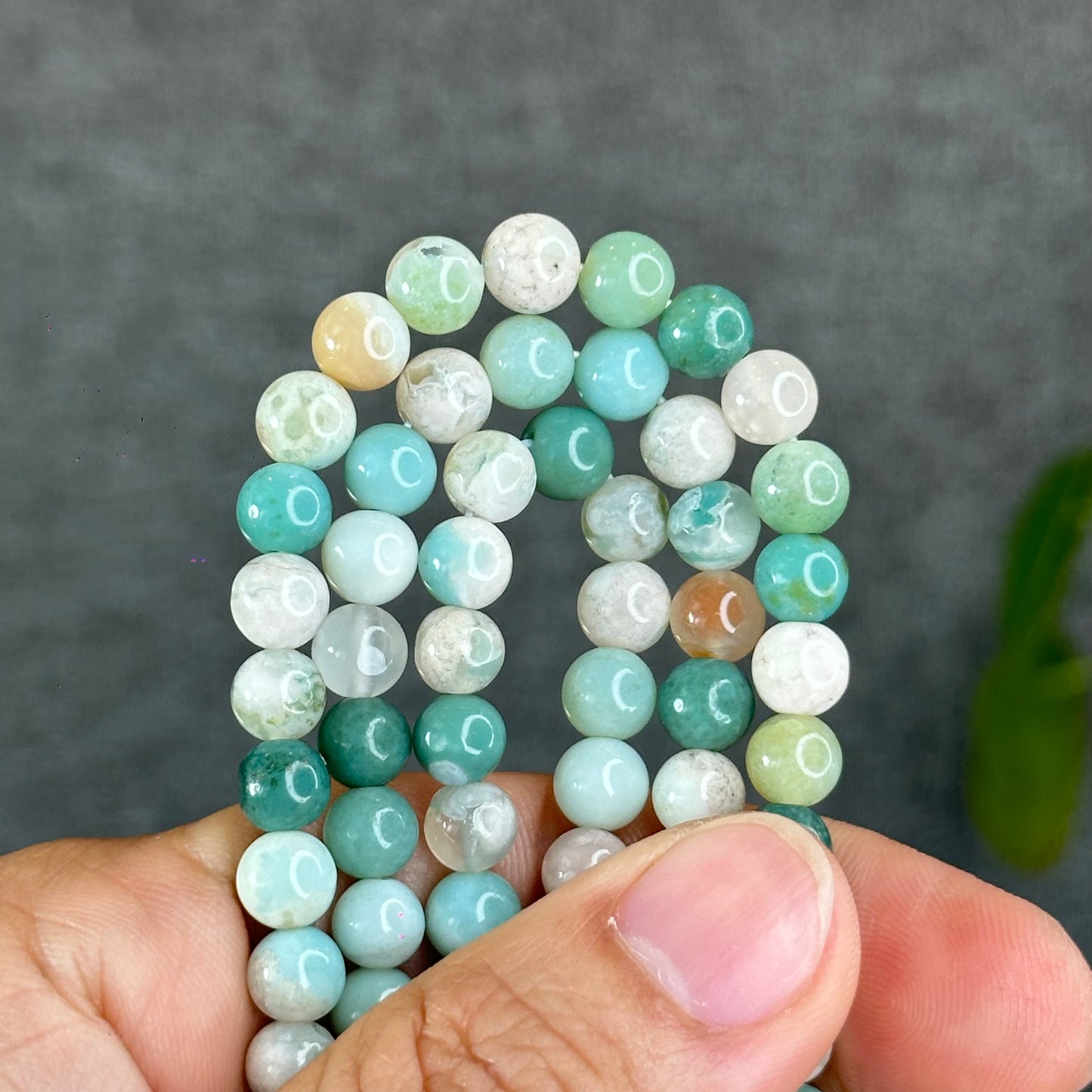 Natural Green Floral Agate Triple Wrap Bracelet Size 6.7 mm