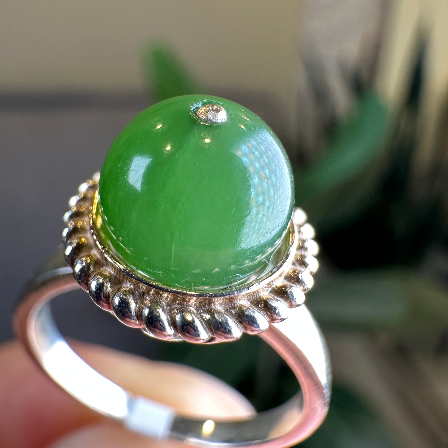 Nephrite Jade Bead Ring in Silver Setting Size 1.7