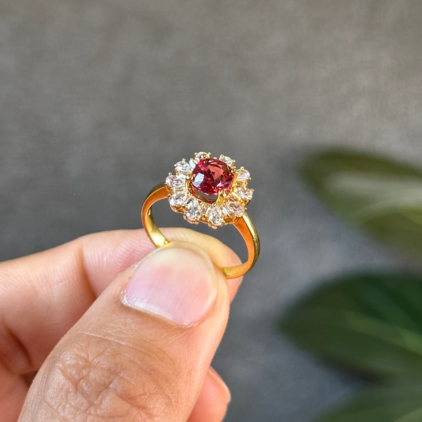 Natural Rosey Red Spinel Ring in 10K Yellow Gold with White Stone Setting Size 1.7
