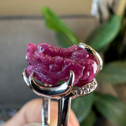 Pixiu Ruby Ring in 10 k White Gold Setting Size 1.64
