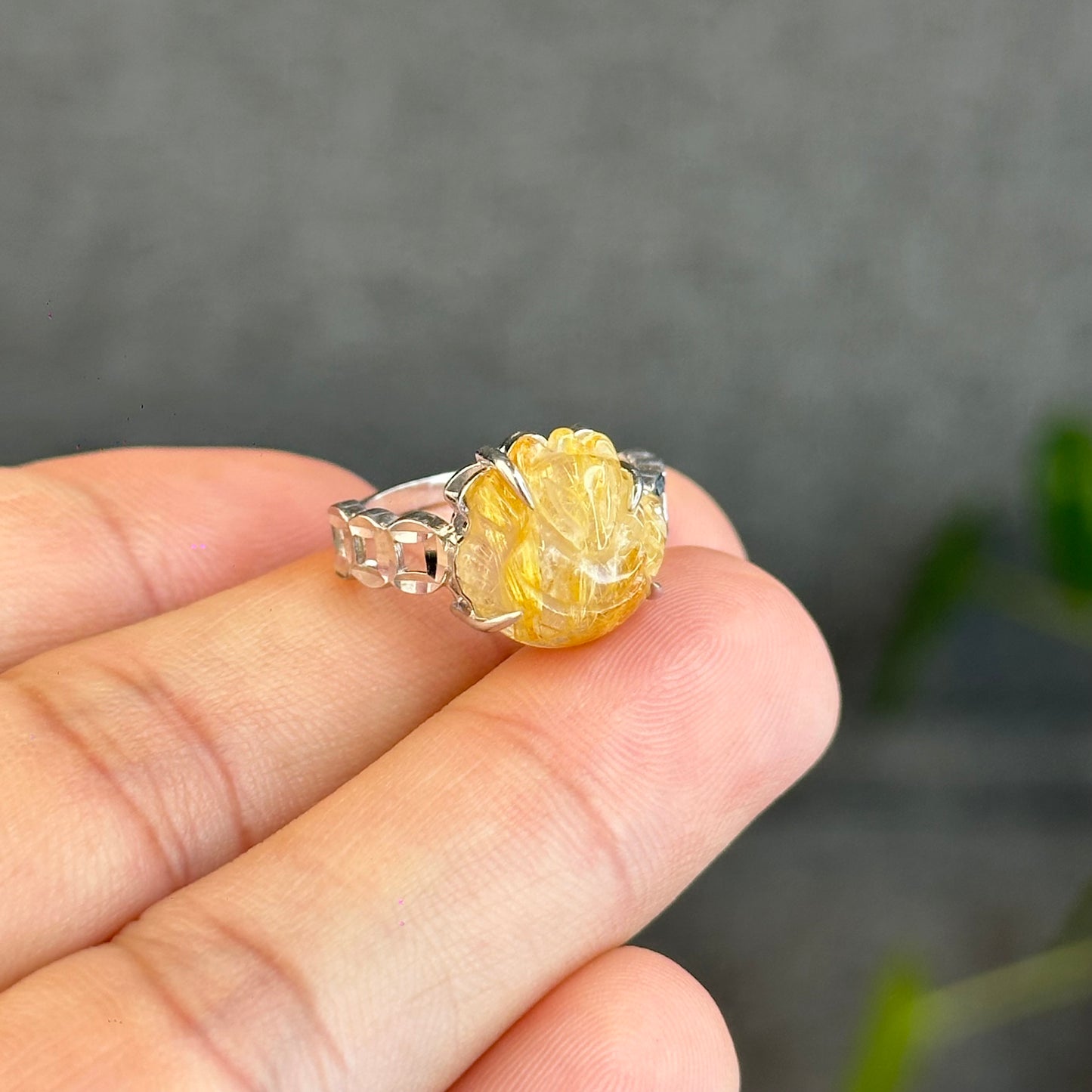 Natural Golden Rutilated Quartz Ho Ly Ring in Silver White Gold Plated Setting Size 1.6