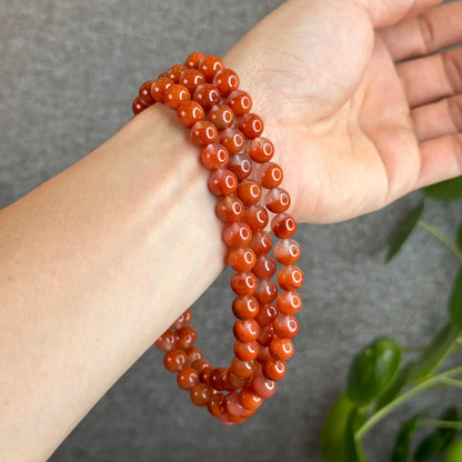 Natural Chalcedony-Nan Hong Agate Triple Wrap 108 beads Bracelet Size 8.8 mm