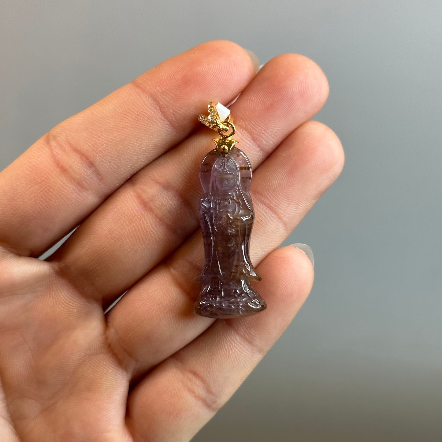 Quan Yin Amethyst Cacoxenite Pendant 10k Yellow Gold