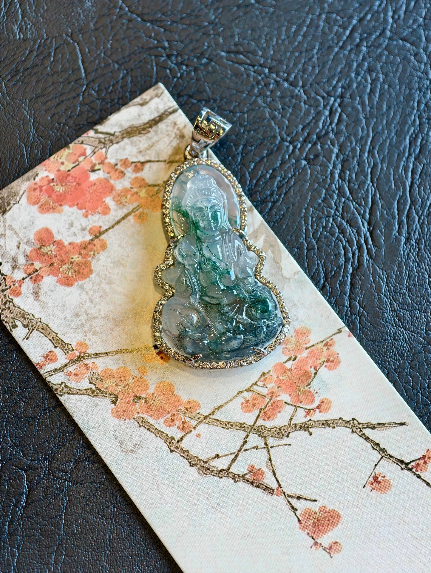 Quan The Am Buddha Natural Moss Agate Pendant in Gold Platted Silver Setting with White Stone Surrounding