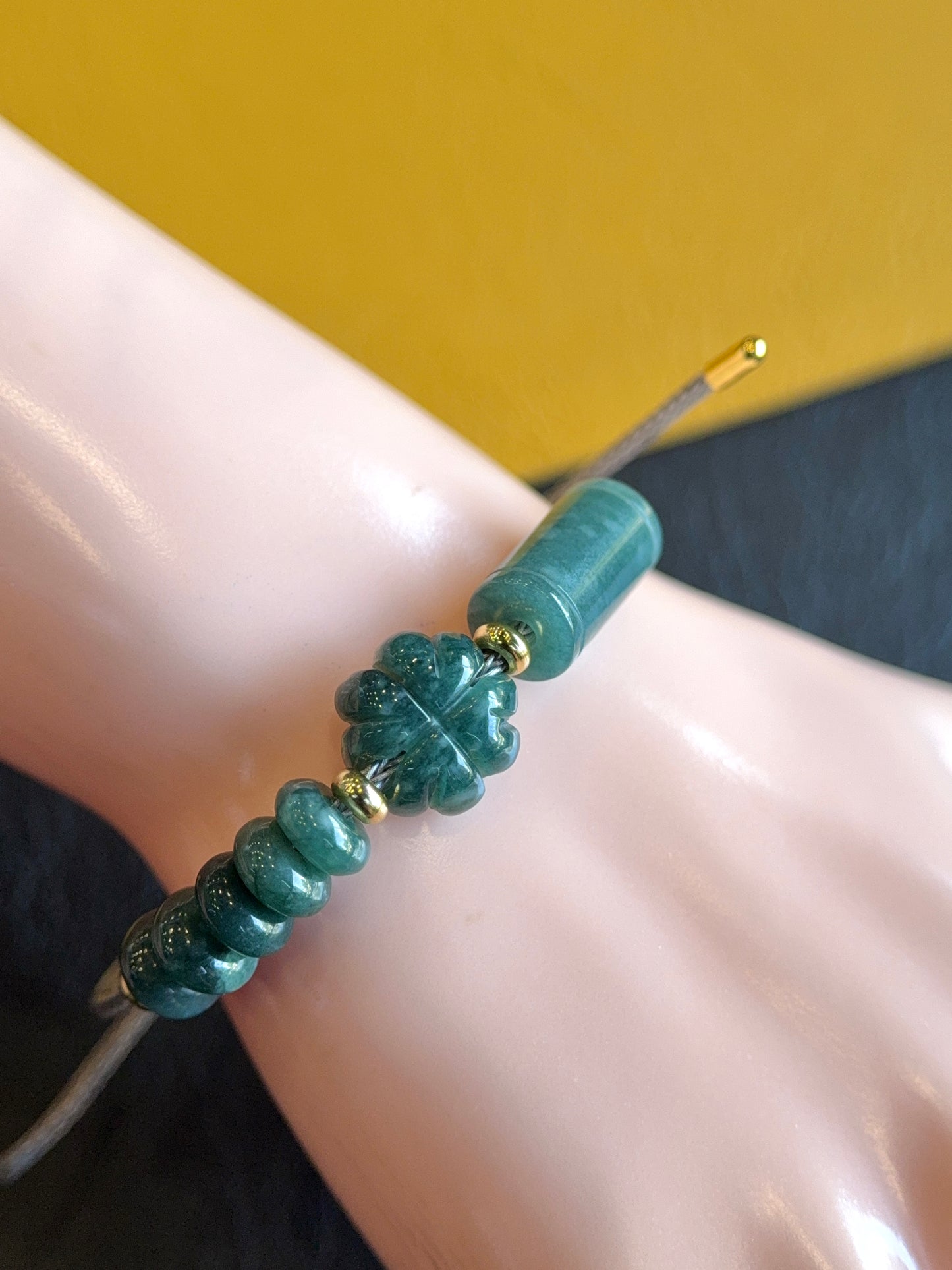 Natural Lu Thong Mix 4 Leaf Clover and Prosperity Donut Natural Blue Jadeite Jade Bracelet