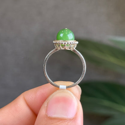 Nephrite Jade Bead Ring in Silver Setting Size 1.7