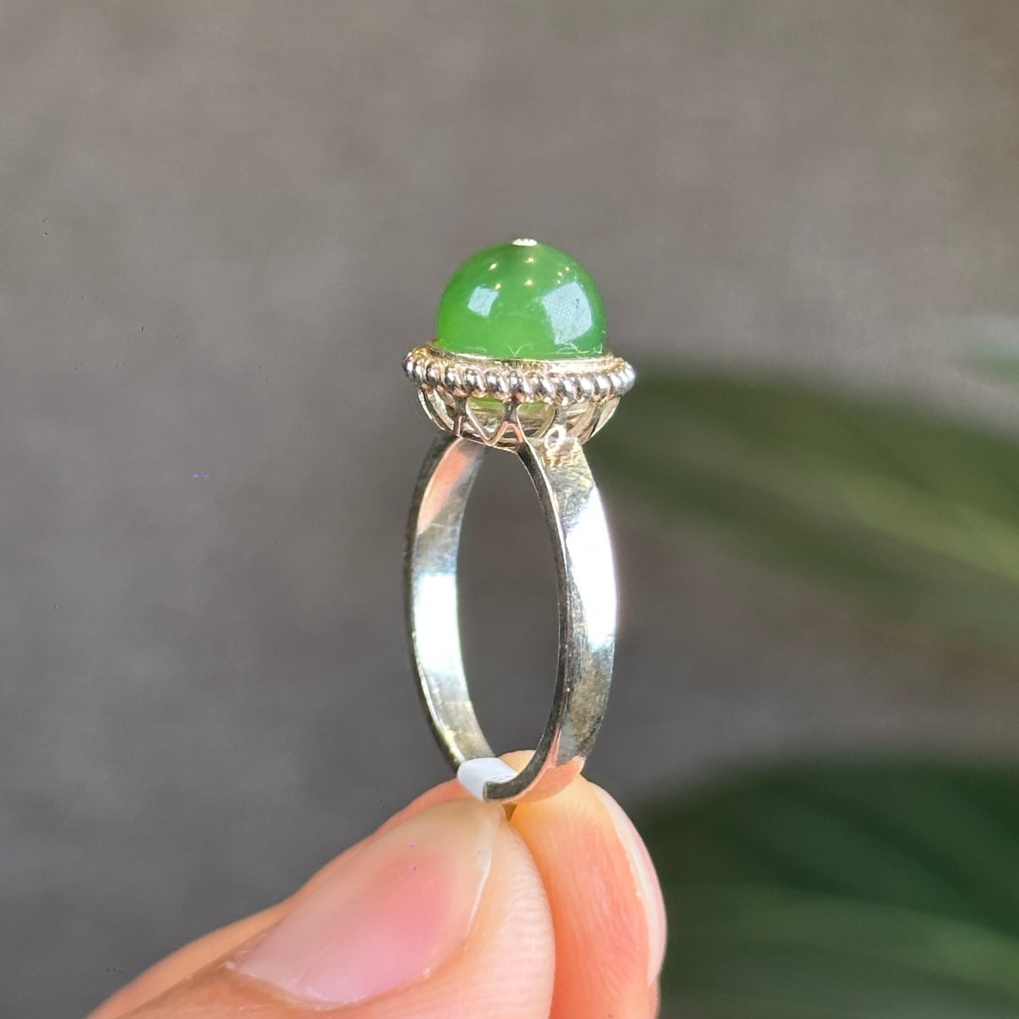 Nephrite Jade Bead Ring in Silver Setting Size 1.7