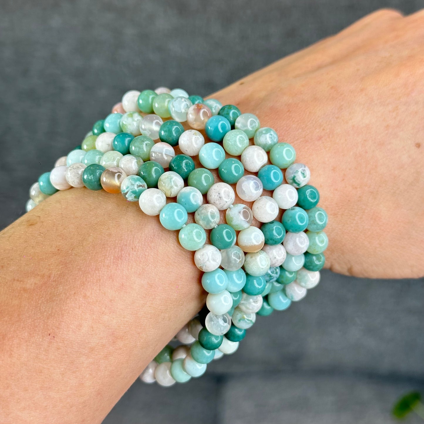 Natural Green Floral Agate Triple Wrap Bracelet Size 6.7 mm