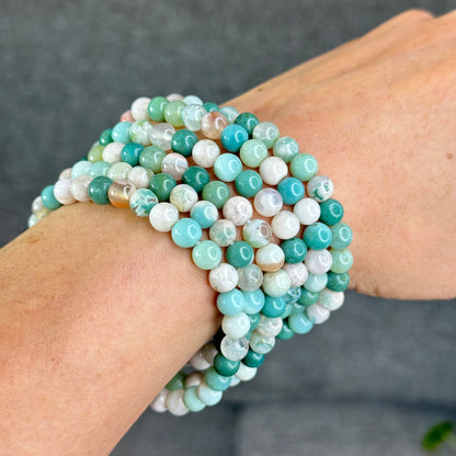 Natural Green Floral Agate Triple Wrap Bracelet Size 6.7 mm