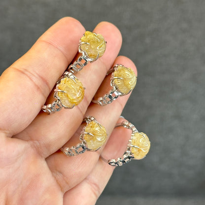 Natural Golden Rutilated Quartz Ho Ly Ring in Silver White Gold Plated Setting Size 1.6