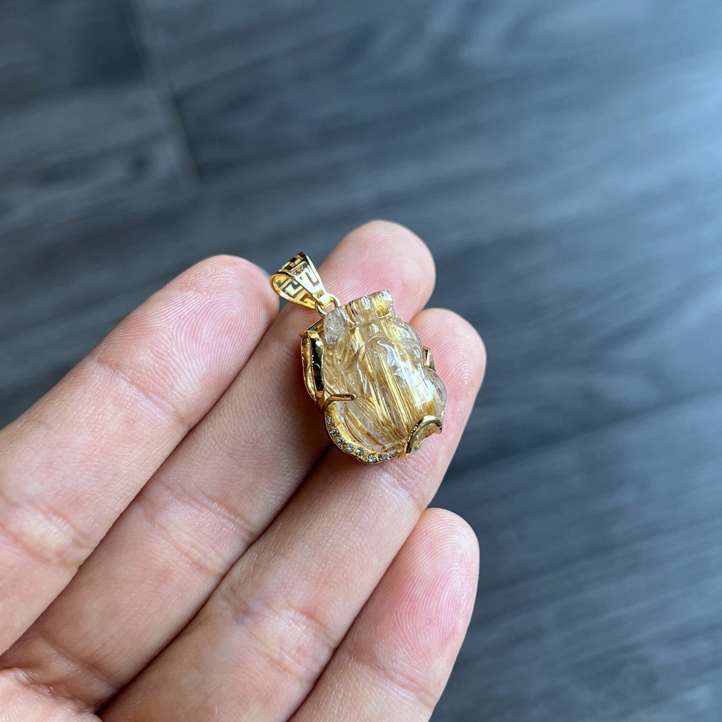 Pixiu Golden Rutilated Quartz Pendant in Yellow Gold Setting