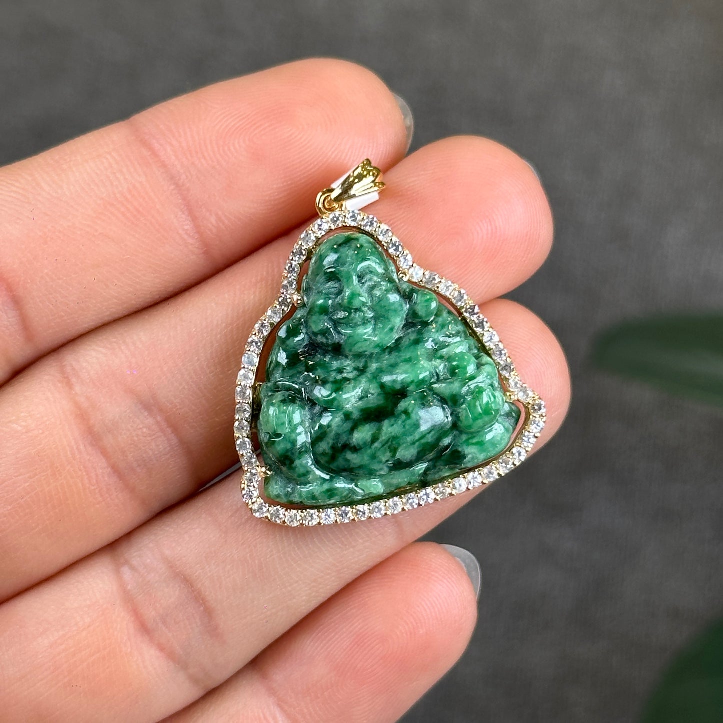 Happy Buddha Son Thuy Natural Jadeite Jade Pendant in 10 k Yellow Gold and White Sapphire Setting
