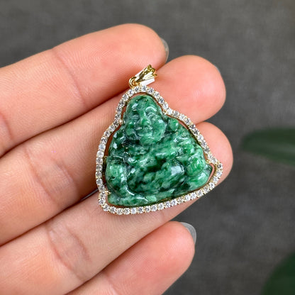 Happy Buddha Son Thuy Natural Jadeite Jade Pendant in 10 k Yellow Gold and White Sapphire Setting