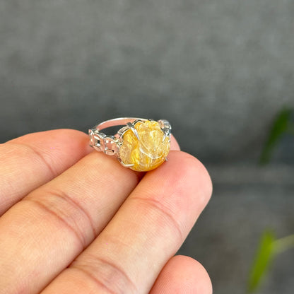 Natural Golden Rutilated Quartz Ho Ly Ring in Silver White Gold Plated Setting Size 1.6