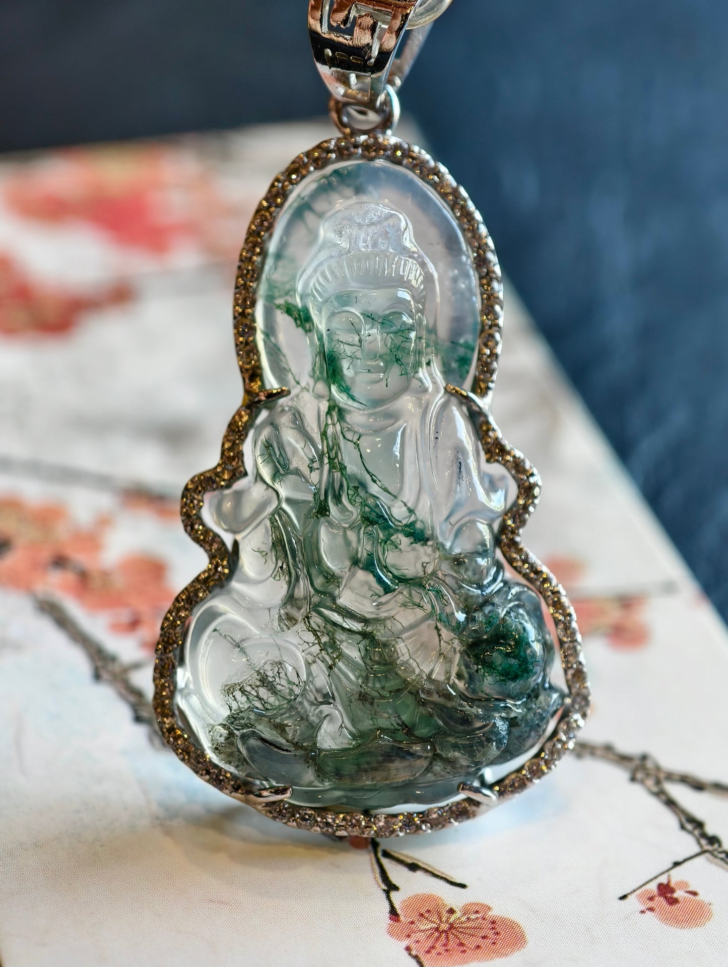 Quan The Am Buddha Natural Moss Agate Pendant in Gold Platted Silver Setting with White Stone Surrounding