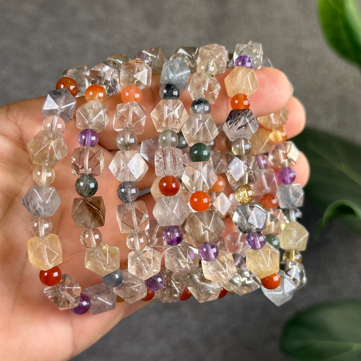 Mixed Natural Quartz Octahedron Faceted Bracelet Size 8.5 mm