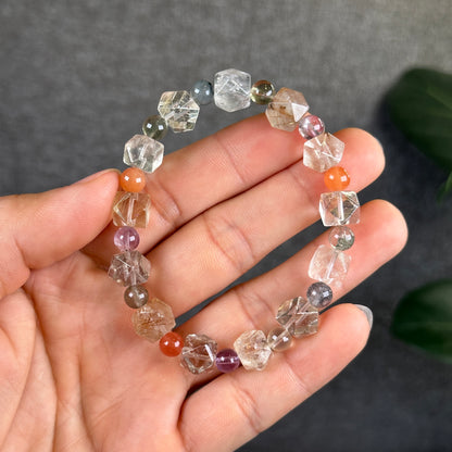Mixed Natural Quartz Octahedron Faceted Bracelet Size 8.5 mm