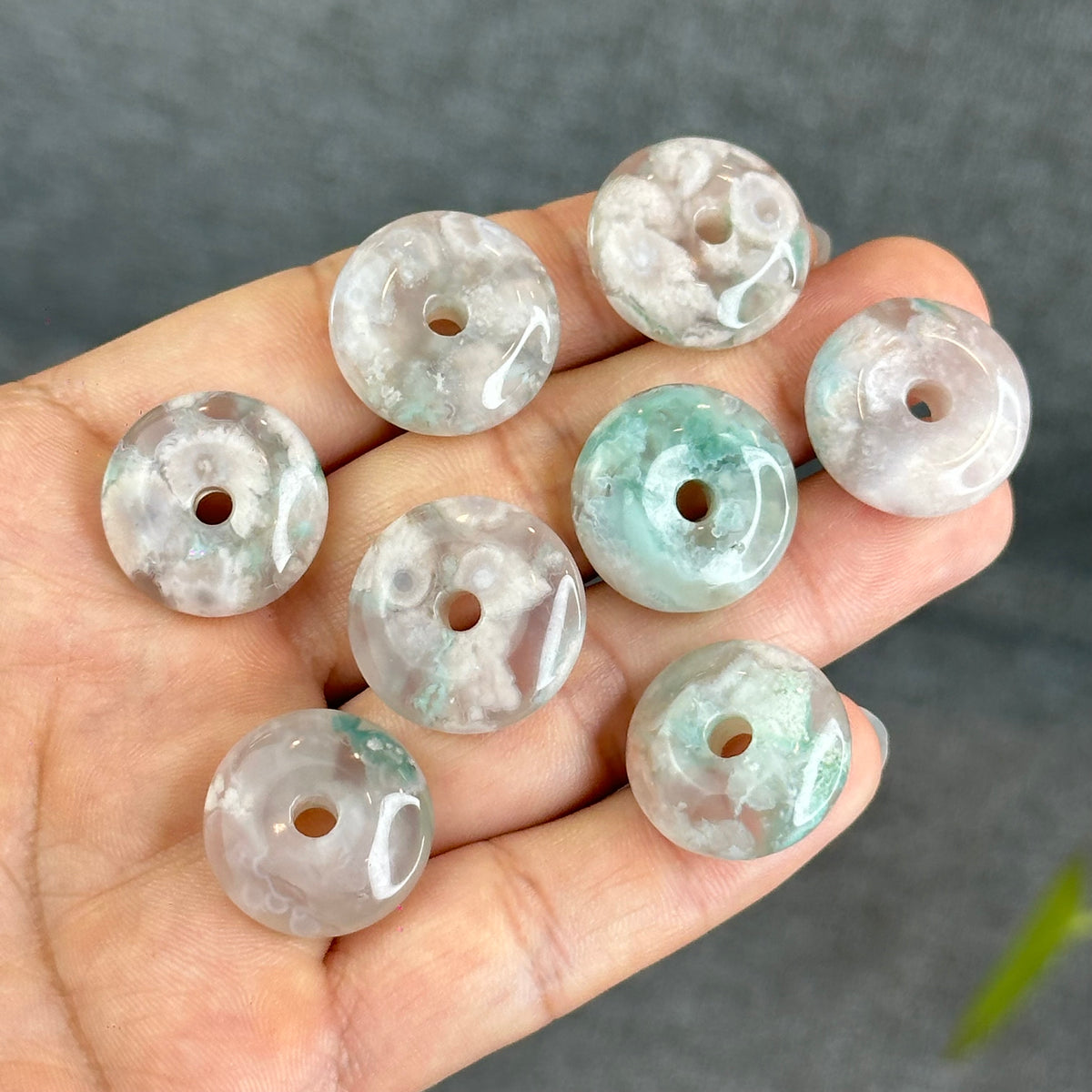 Natural Pastel Green Floral Agate Dong Dieu Donut Charm