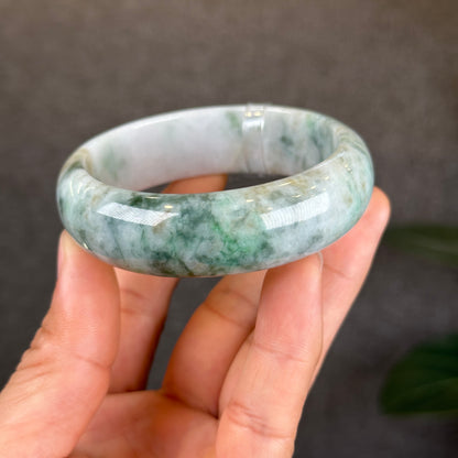Natural Floral Green with Touches of Orange Jadeite Jade Bangle Leaf Style Size 57 mm