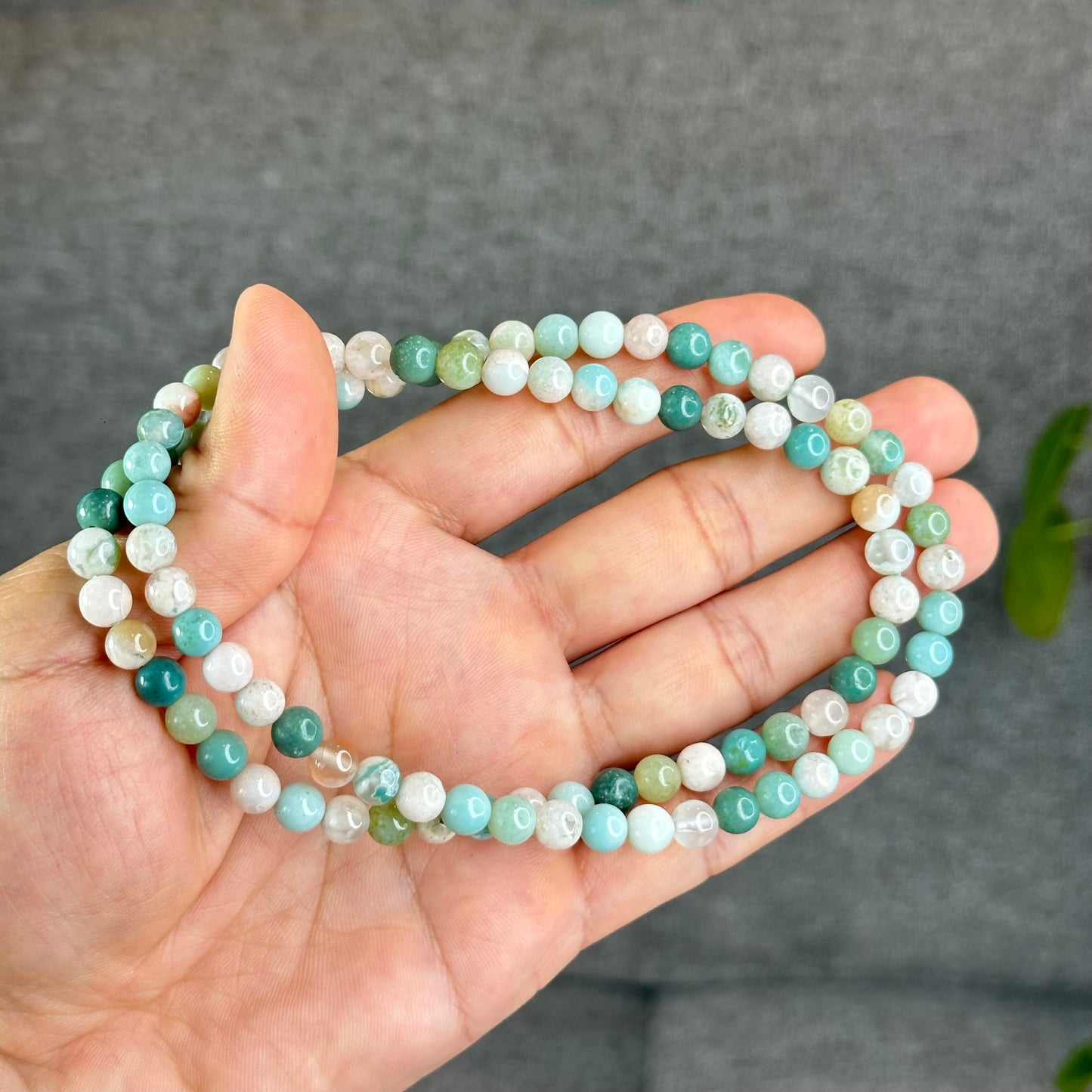 Natural Green Floral Agate Triple Wrap Bracelet Size 6.7 mm