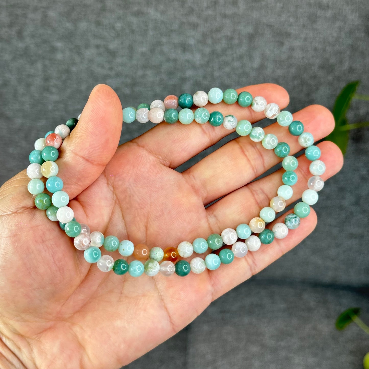 Natural Green Floral Agate Triple Wrap Bracelet Size 6.7 mm