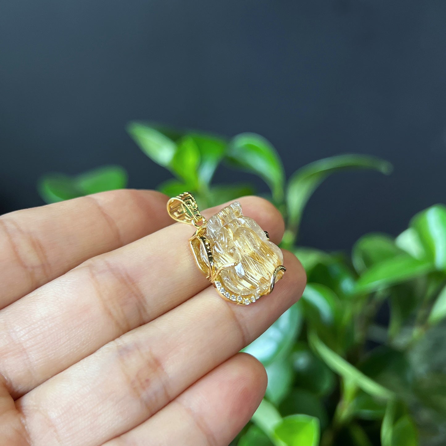 Pixiu Golden Rutilated Quartz Pendant in Yellow Gold Setting