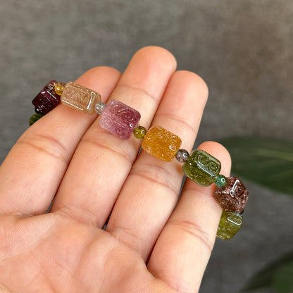Natural Rainbow Tourmaline Nhu Y Lu Thong  Carved Bracelet Size 11 mm