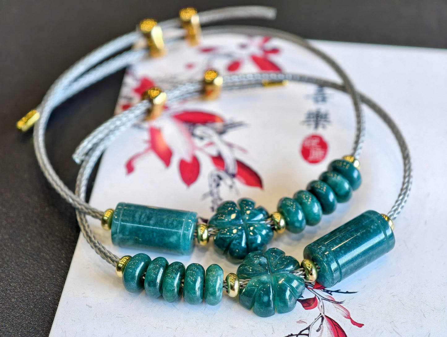 Lu Thong Mix 4 Leaf Clover and Prosperity Donut Natural Blue Jadeite Jade Bracelet