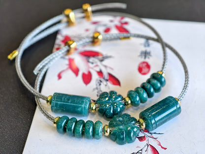Natural Lu Thong Mix 4 Leaf Clover and Prosperity Donut Natural Blue Jadeite Jade Bracelet