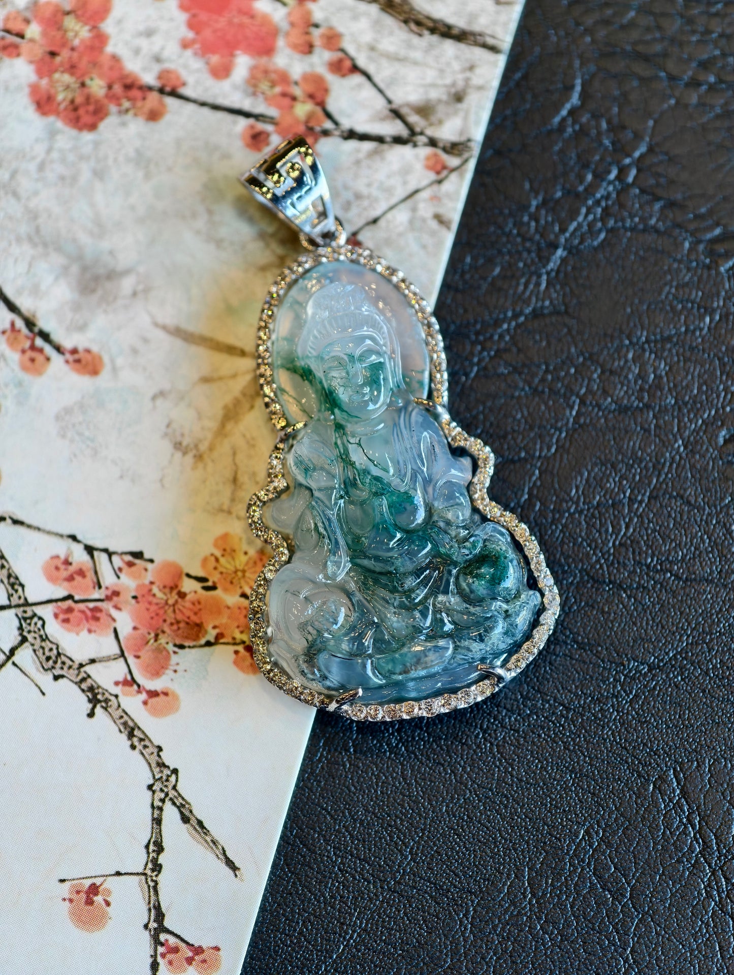 Quan The Am Buddha Natural Moss Agate Pendant in Gold Platted Silver Setting with White Stone Surrounding