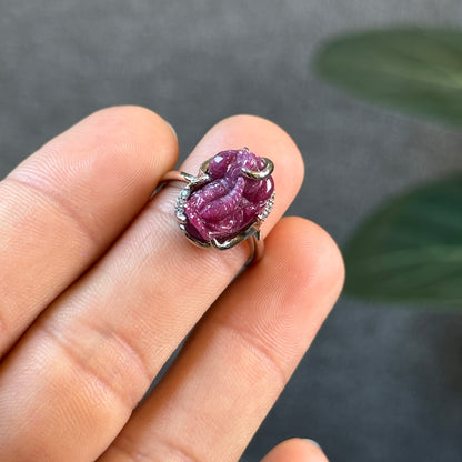Pixiu Ruby Ring in 10 k White Gold Setting Size 1.64
