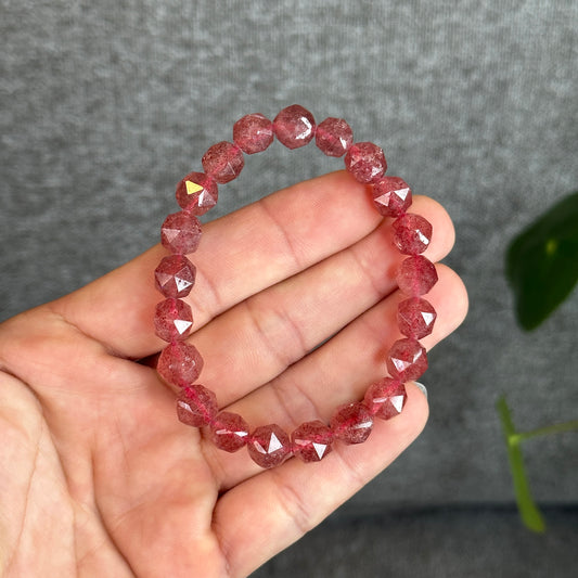 Natural Pink Strawberry Quartz Diamond Faceted Bracelet Size 9 mm