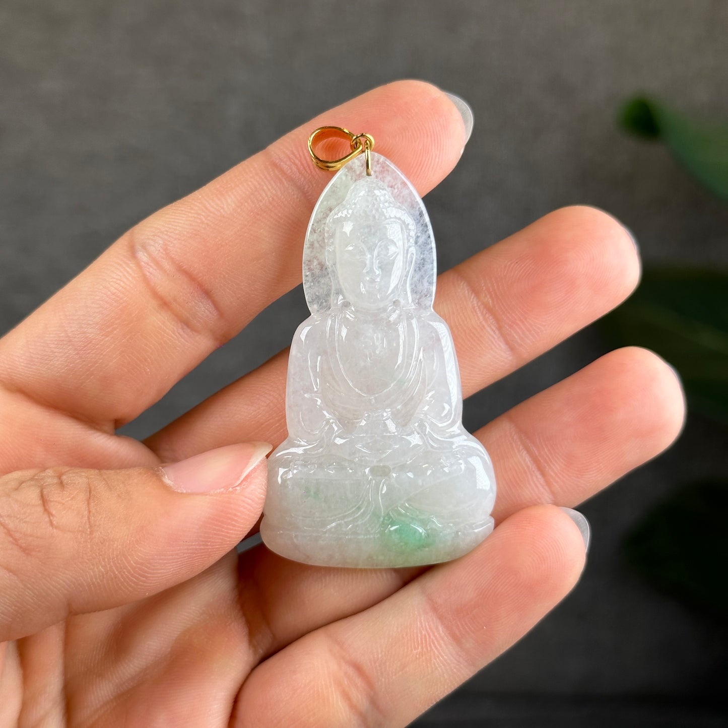 Adida Buddha Translucent Light Green Jadeite Jade Type A Pendant with 18 k Gold Hook